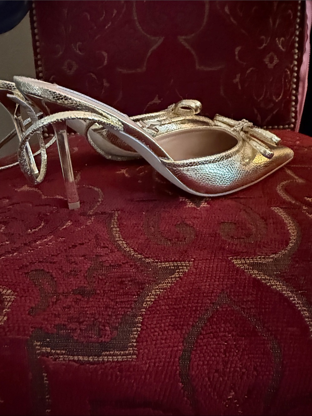 Gold Pointed-Toe Slingback Heels with Bow - Picture 8 of 8